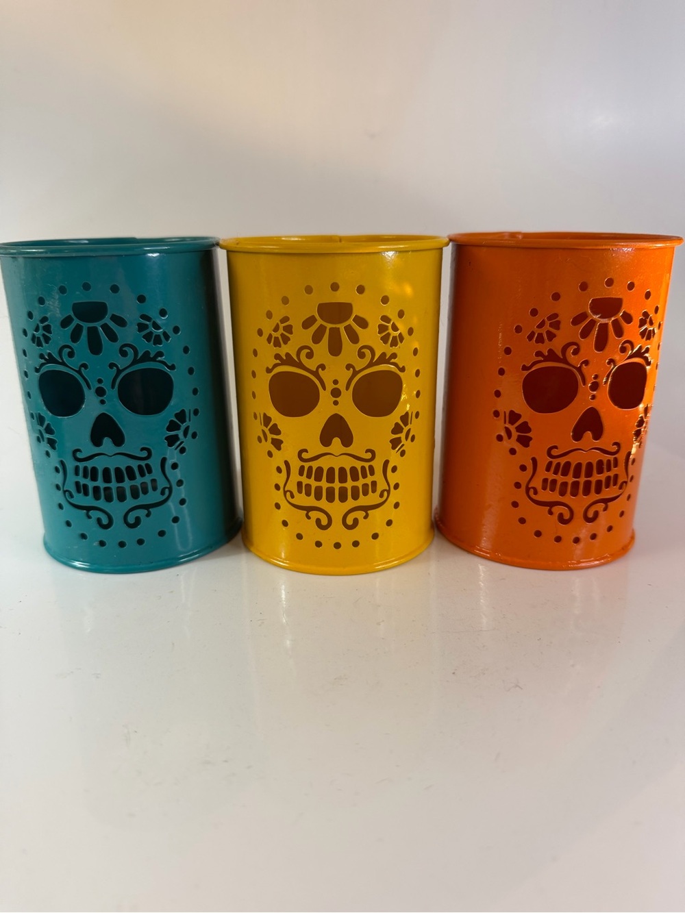 Set of 3 Day of the Dead metal candle holders with die-cut